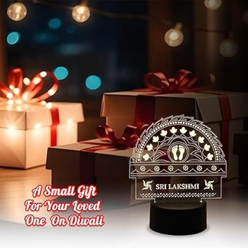 3D Illusion Sri Laxmi Charan Night Lamp with Warm White Light  Diwali Home Decoration Light  Blessing Gift for Diwali  Diwali Gift for Family & Friends